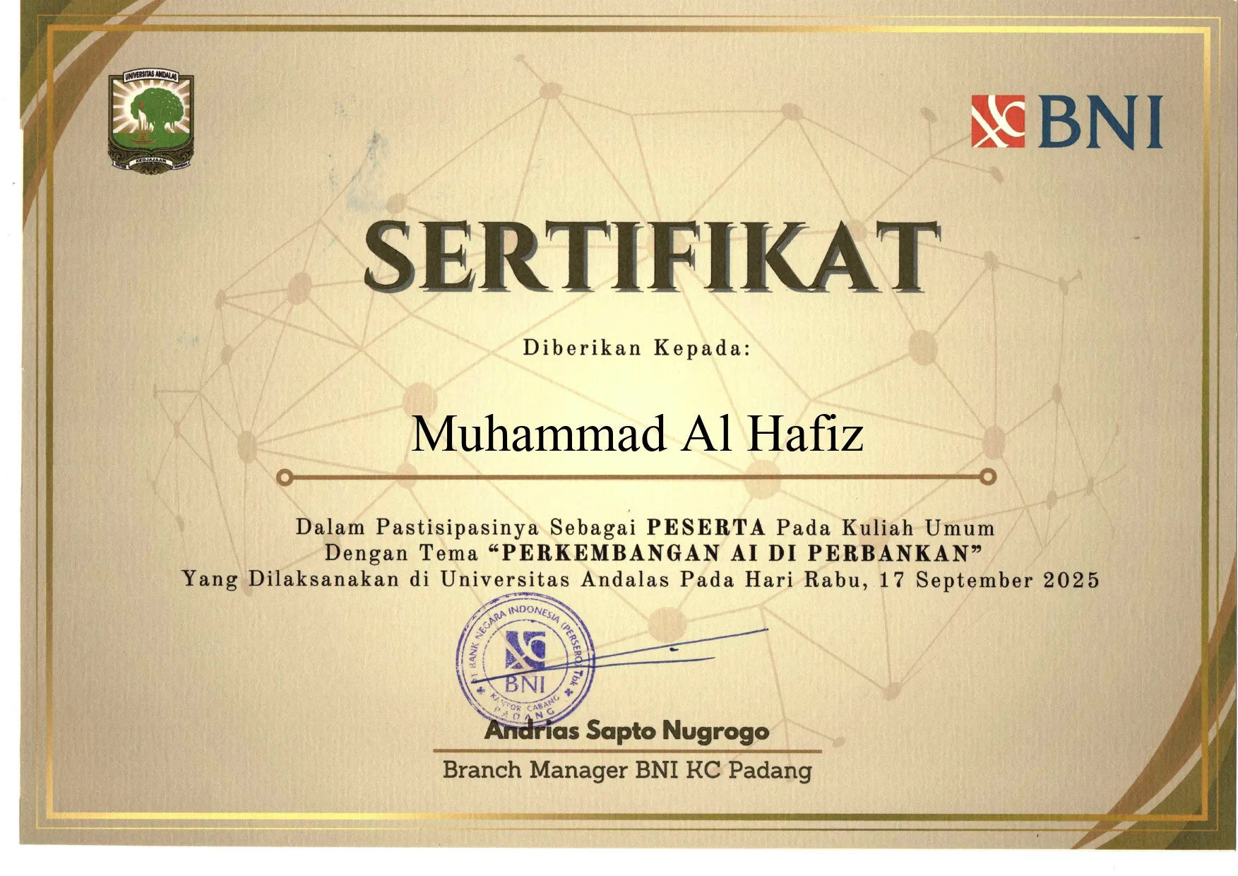 Sertifikat Pelatihan BNI