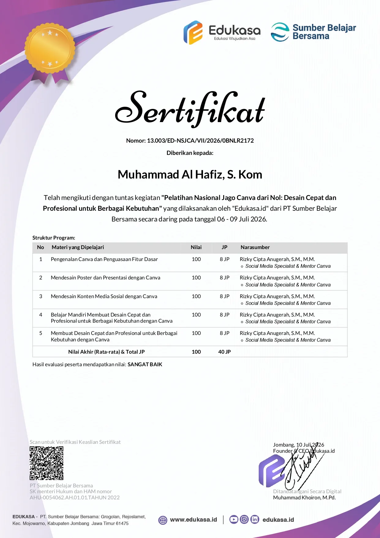 Sertifikat Pelatihan Jago Canva